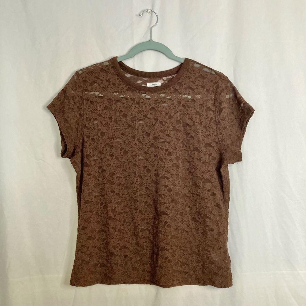 Aerie Brown Floral Lace Sheer Mesh Short Sleeve Top M Cottagecore Boho Fairycore